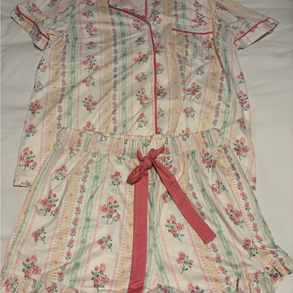 Other - Floral Stripe Cotton Pajama Set with Pink Trim